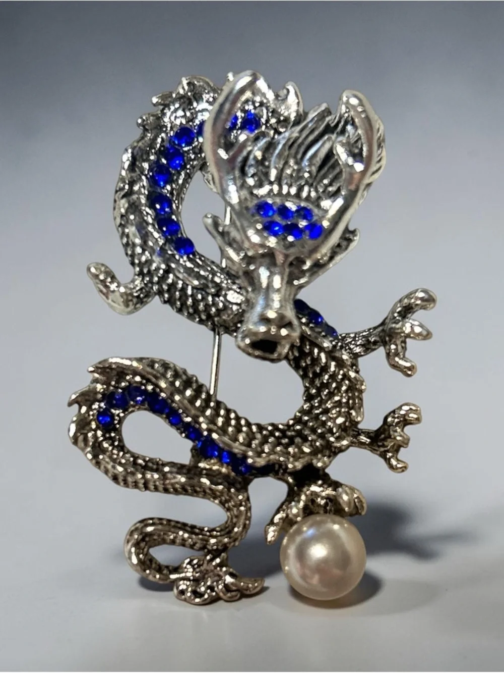 Silver Dragon Brooch with Blue Crystals and Pearl